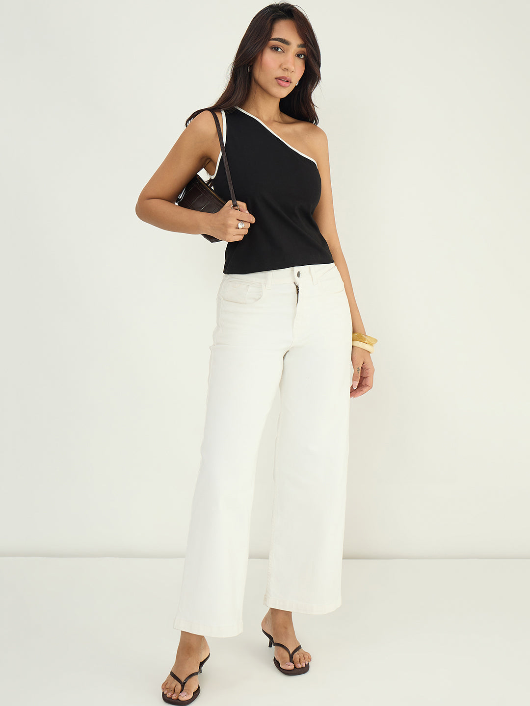 Black One Shoulder Contrast Edge Top