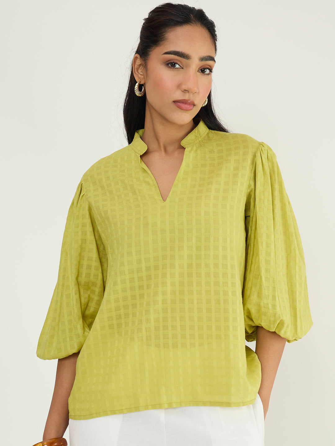 Citrine Dobby Balloon Sleeves Top
