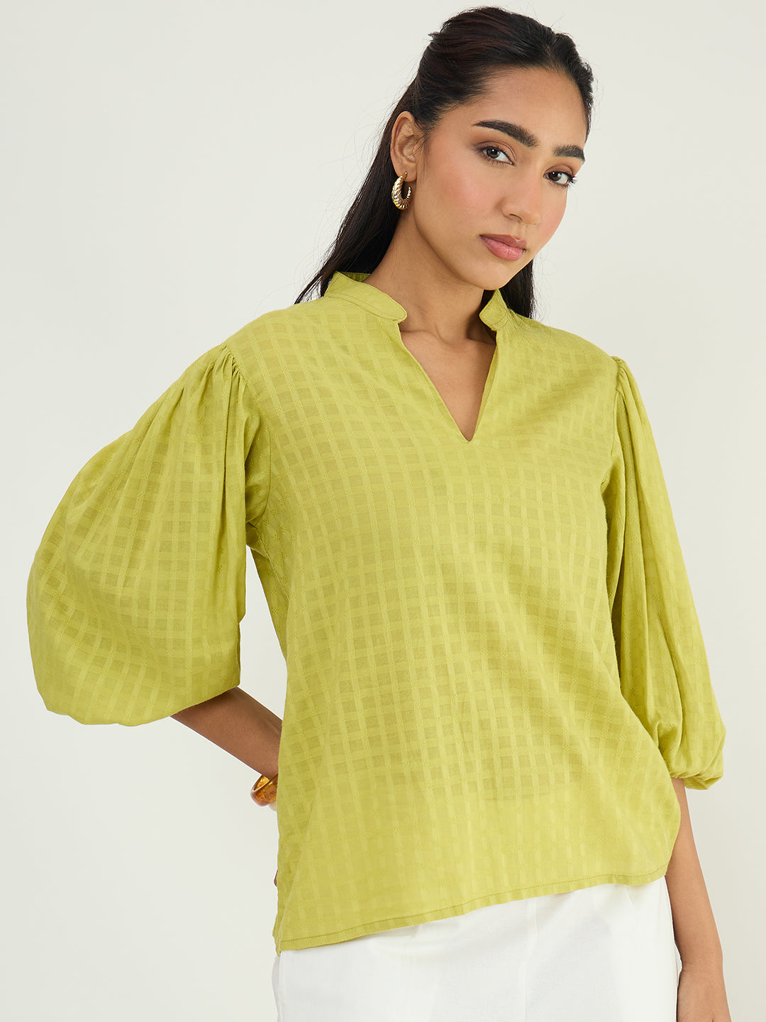 Citrine Dobby Balloon Sleeves Top
