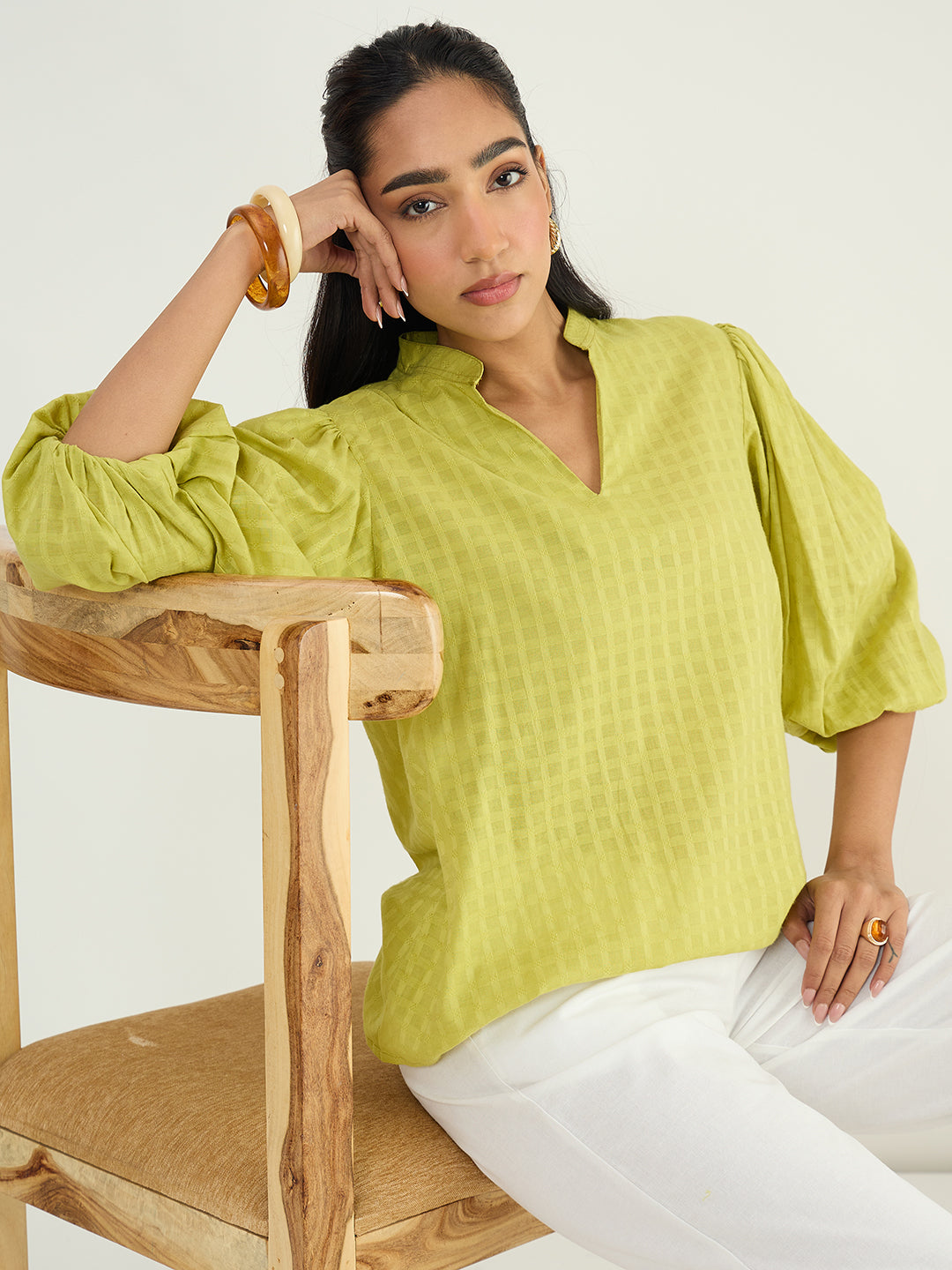 Citrine Dobby Balloon Sleeves Top