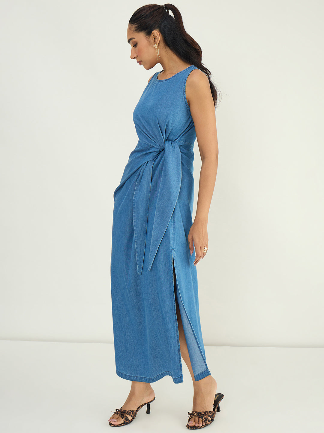 DenimLite Mid Blue Knot Maxi Dress