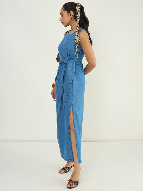 DenimLite Mid Blue Knot Maxi Dress