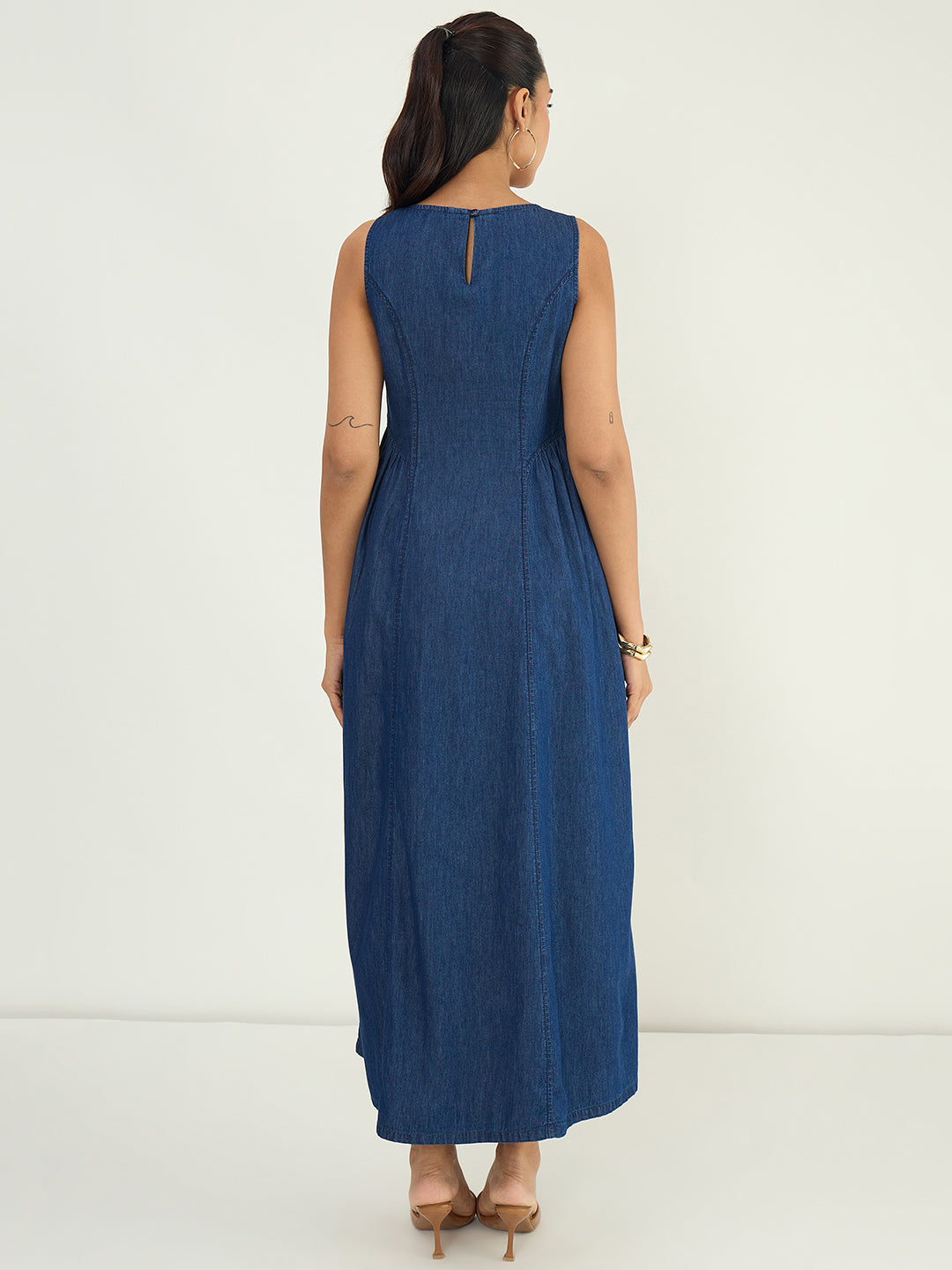 Navy Side Gather Detail Denim Maxi Dress