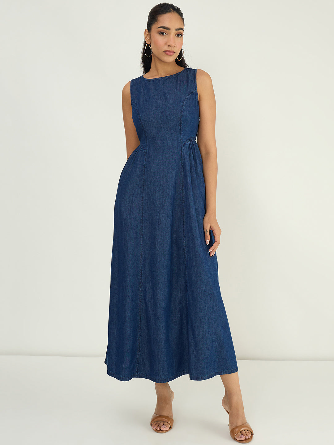 Navy Side Gather Detail Denim Maxi Dress