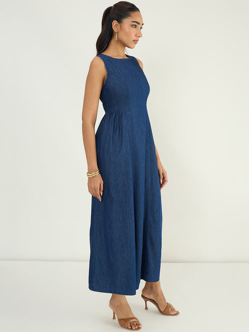Navy Side Gather Detail Denim Maxi Dress