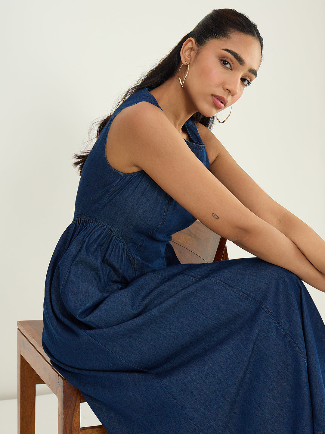 Navy Side Gather Detail Denim Maxi Dress
