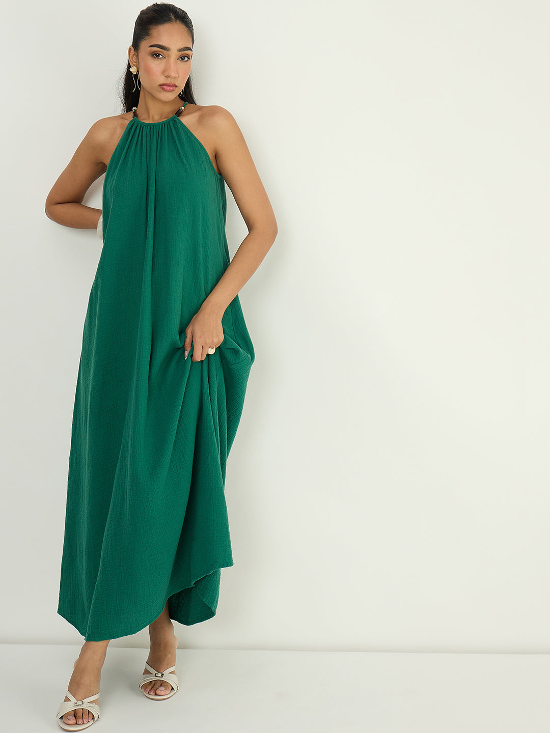 CloudComfort Gauze Green Halter Maxi Dress