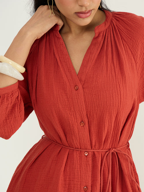 CloudComfort Gauze Rust Midi Dress