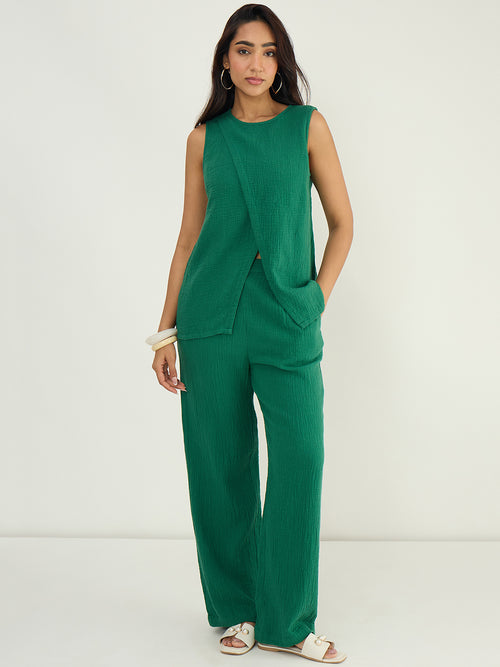Bright Green Cotton Gauze Wrap Detail Co-Ord Set