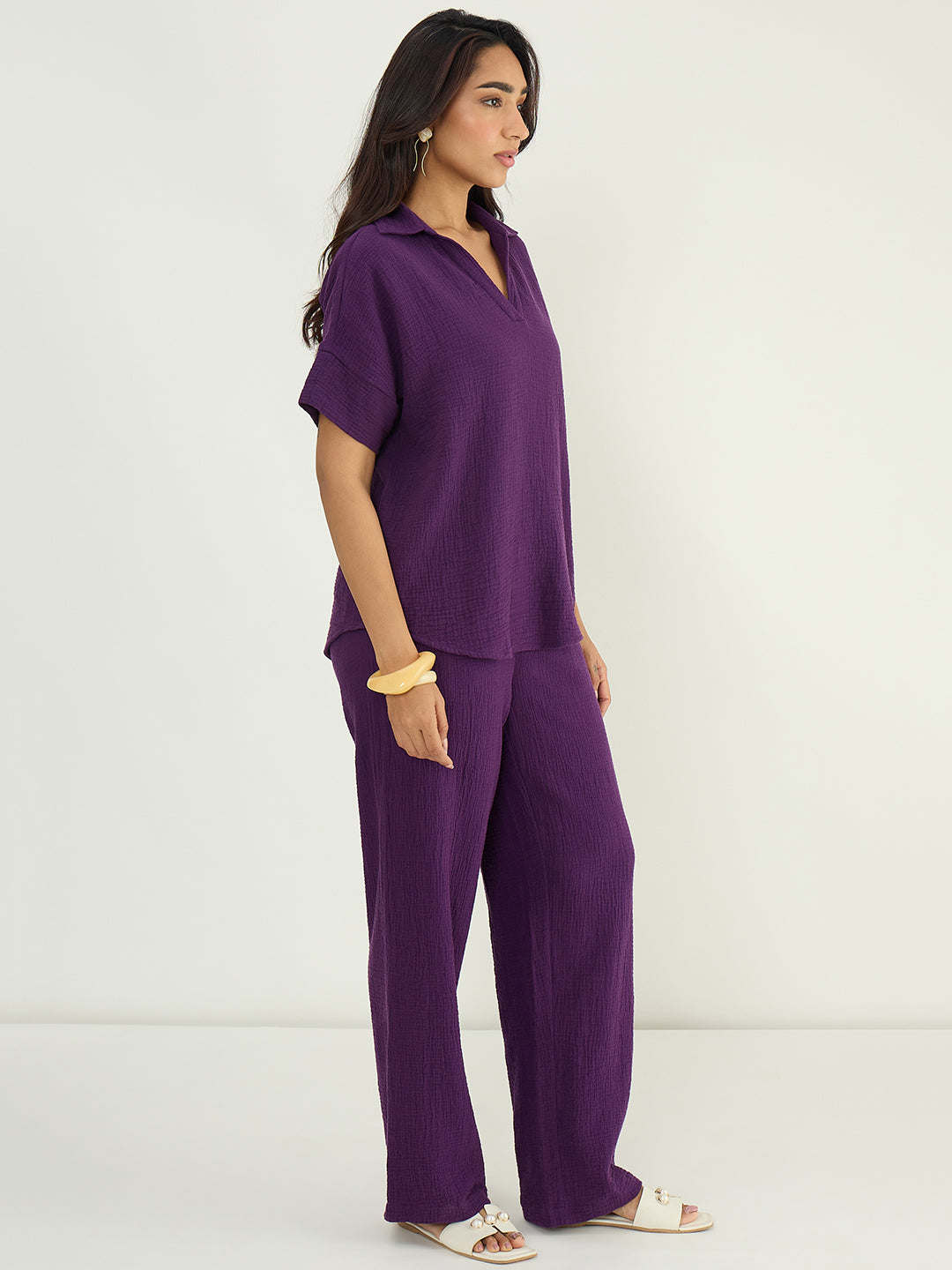 Deep Purple Cotton Gauze Collared Co-Ord Set
