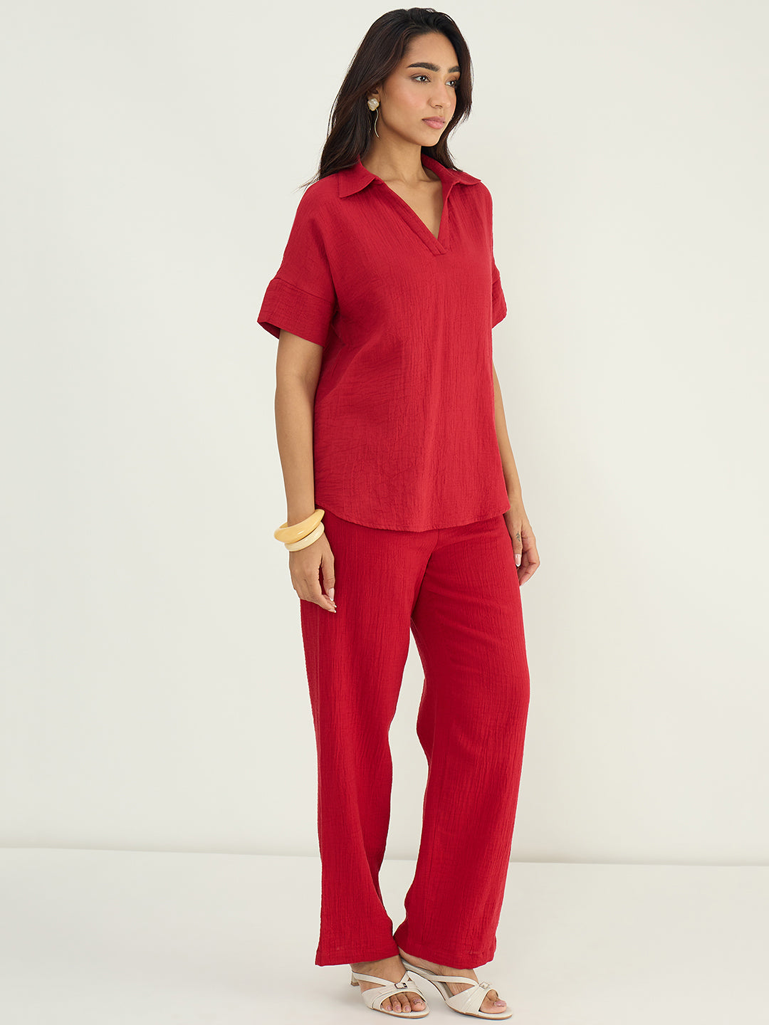 Deep Red Cotton Gauze Collared Co-Ord Set
