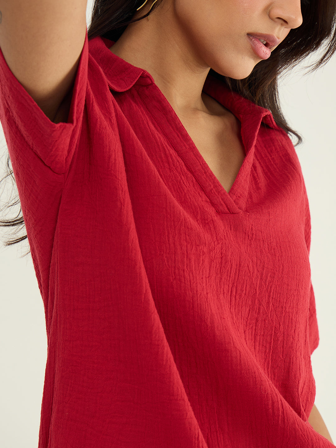 Deep Red Cotton Gauze Collared Co-Ord Set