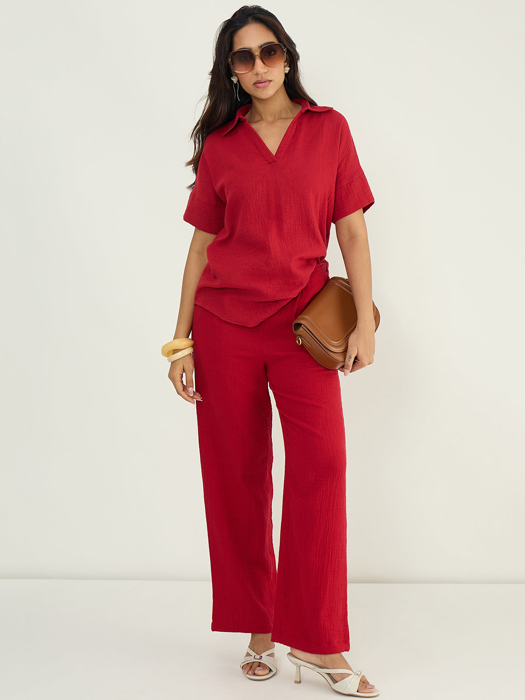 Deep Red Cotton Gauze Collared Co-Ord Set