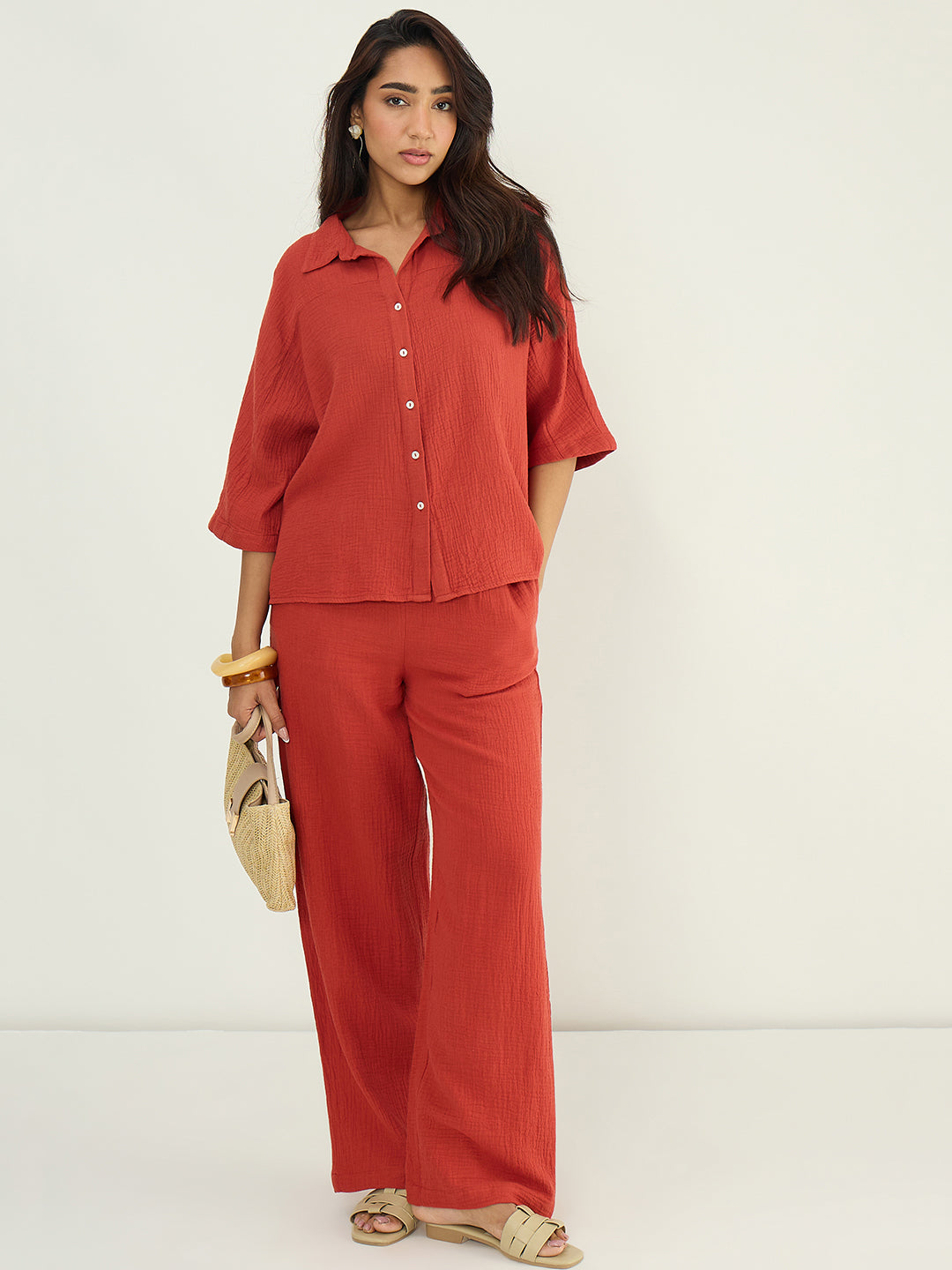 Rust Cotton Gauze Button Down Co-Ord Set