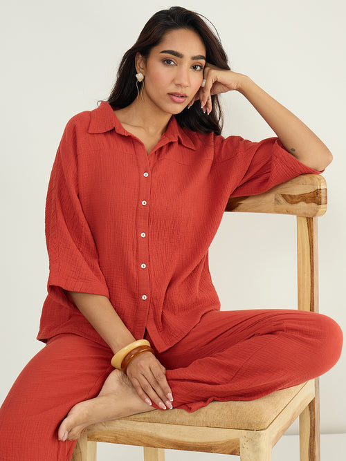 CloudComfort Gauze Rust Shirt Co-ord Set
