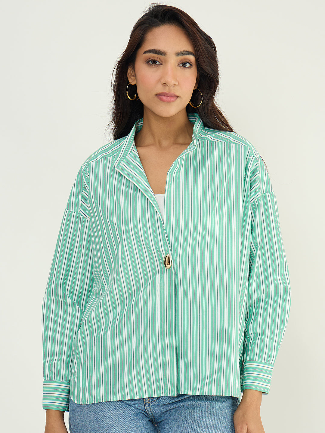Green Multi Stripe Single Button Shirt