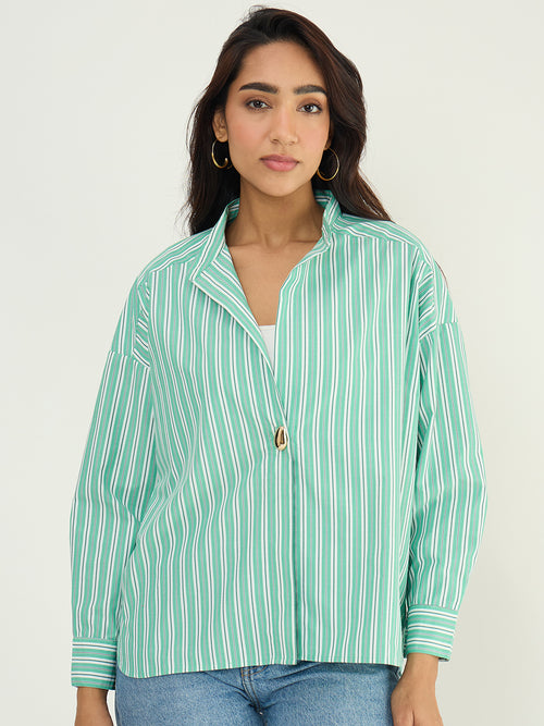 Green Multi Stripe Single Button Shirt