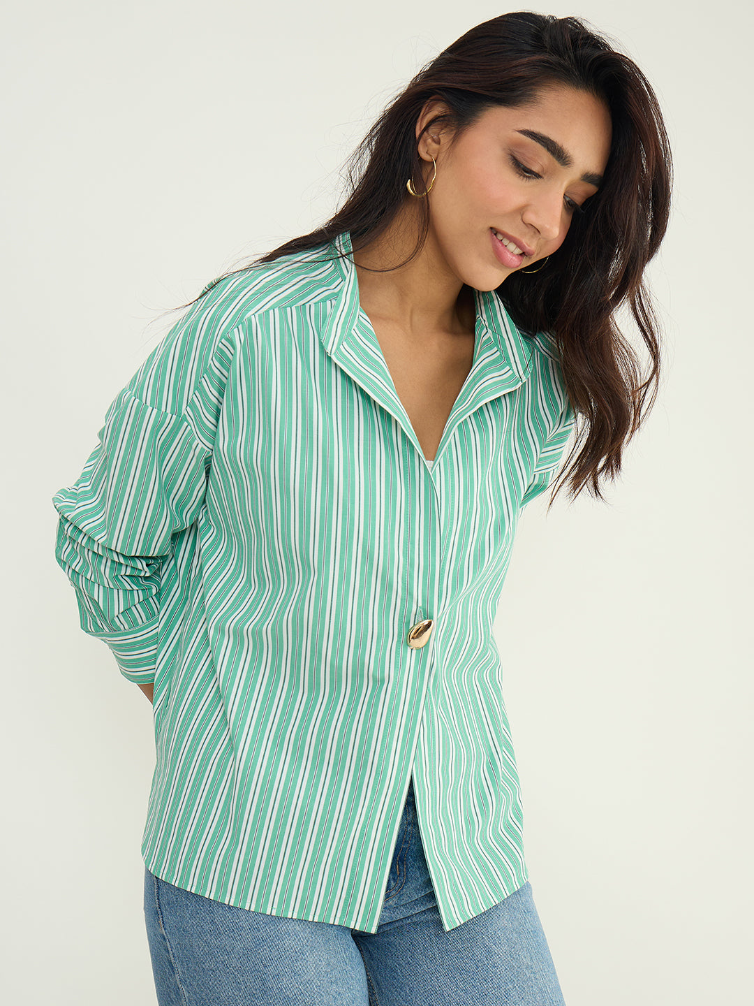 Green Multi Stripe Single Button Shirt