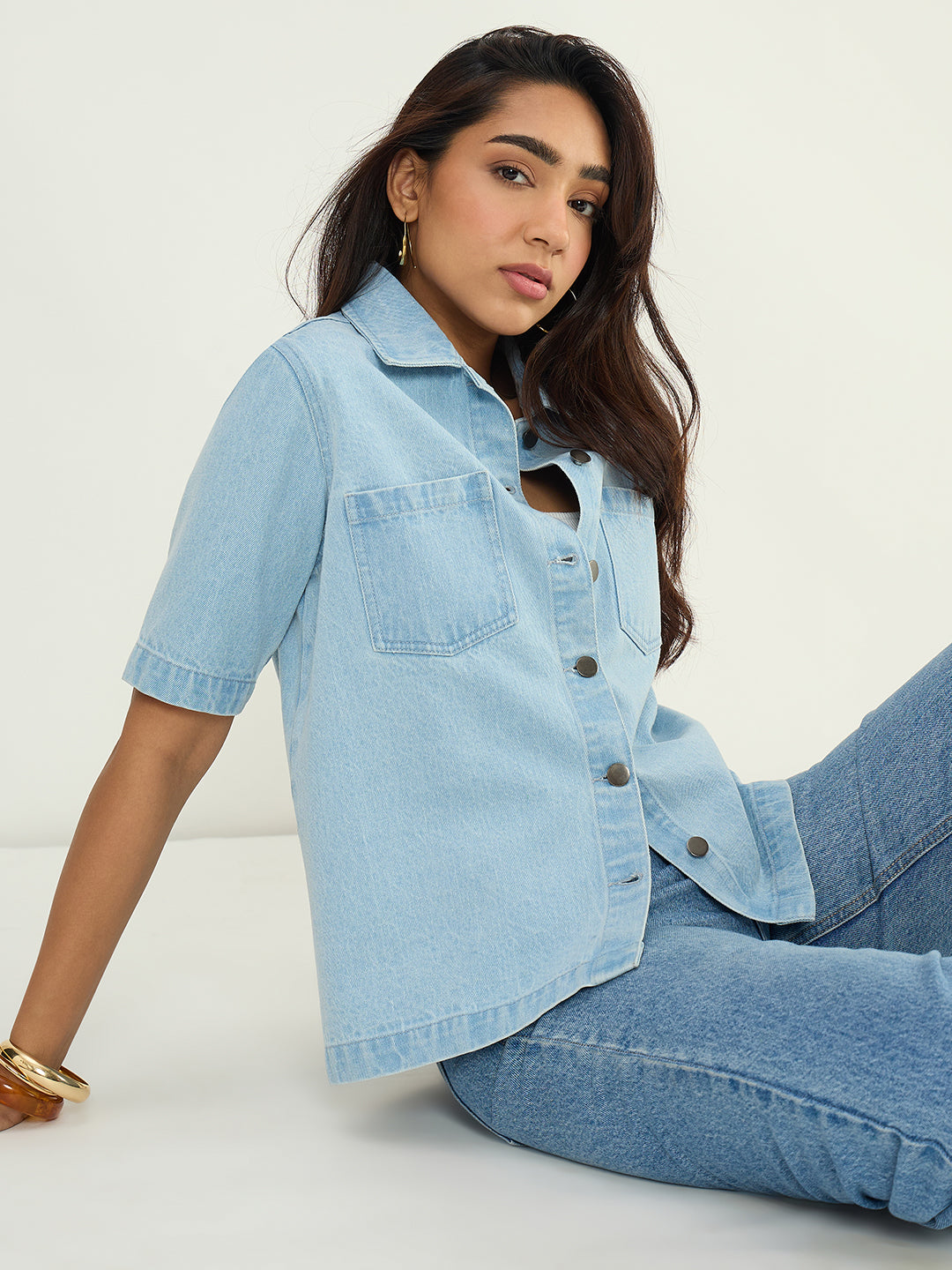Ice Blue Denim Half Sleeves Shirt