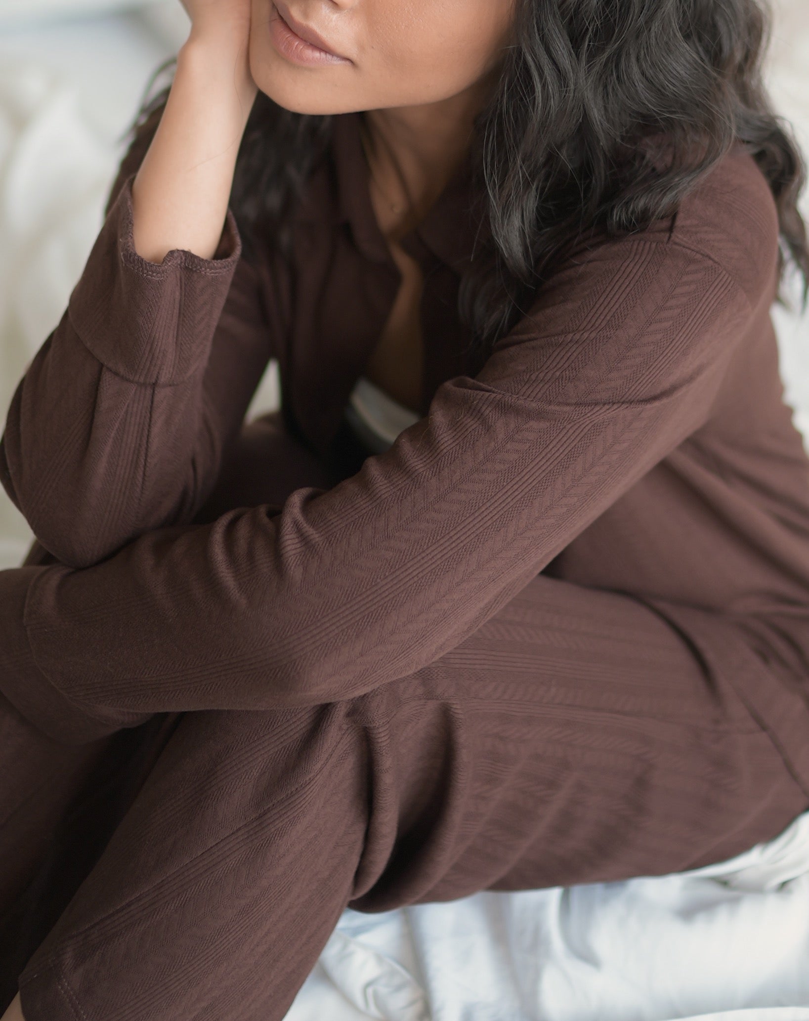 Brown Button Down Textured Jersey Co-Ord Set