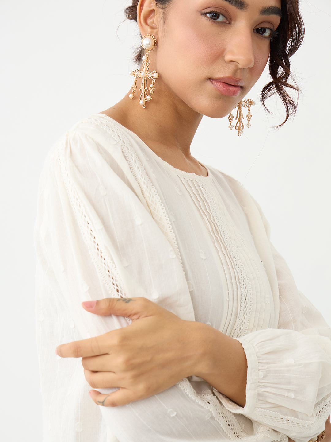 Off-White Lace Insert Pleated Front Top
