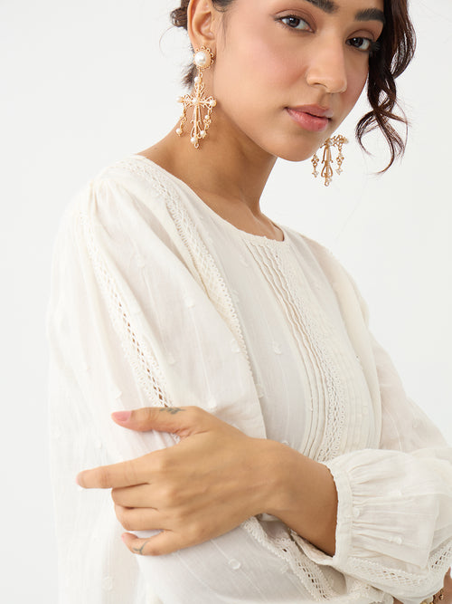 Off-White Lace Insert Pleated Front Top