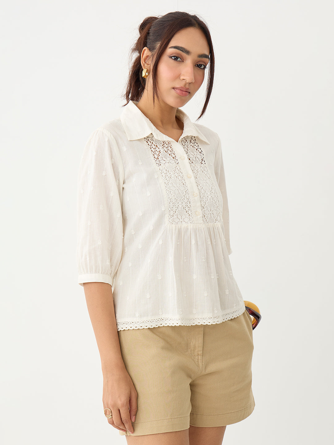 Off-White Lace Insert Cotton Dobby Top