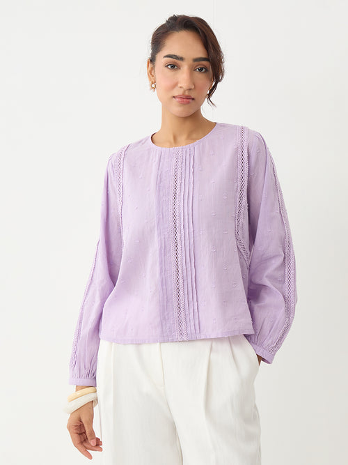 Sage Lace Insert Pleated Front Top