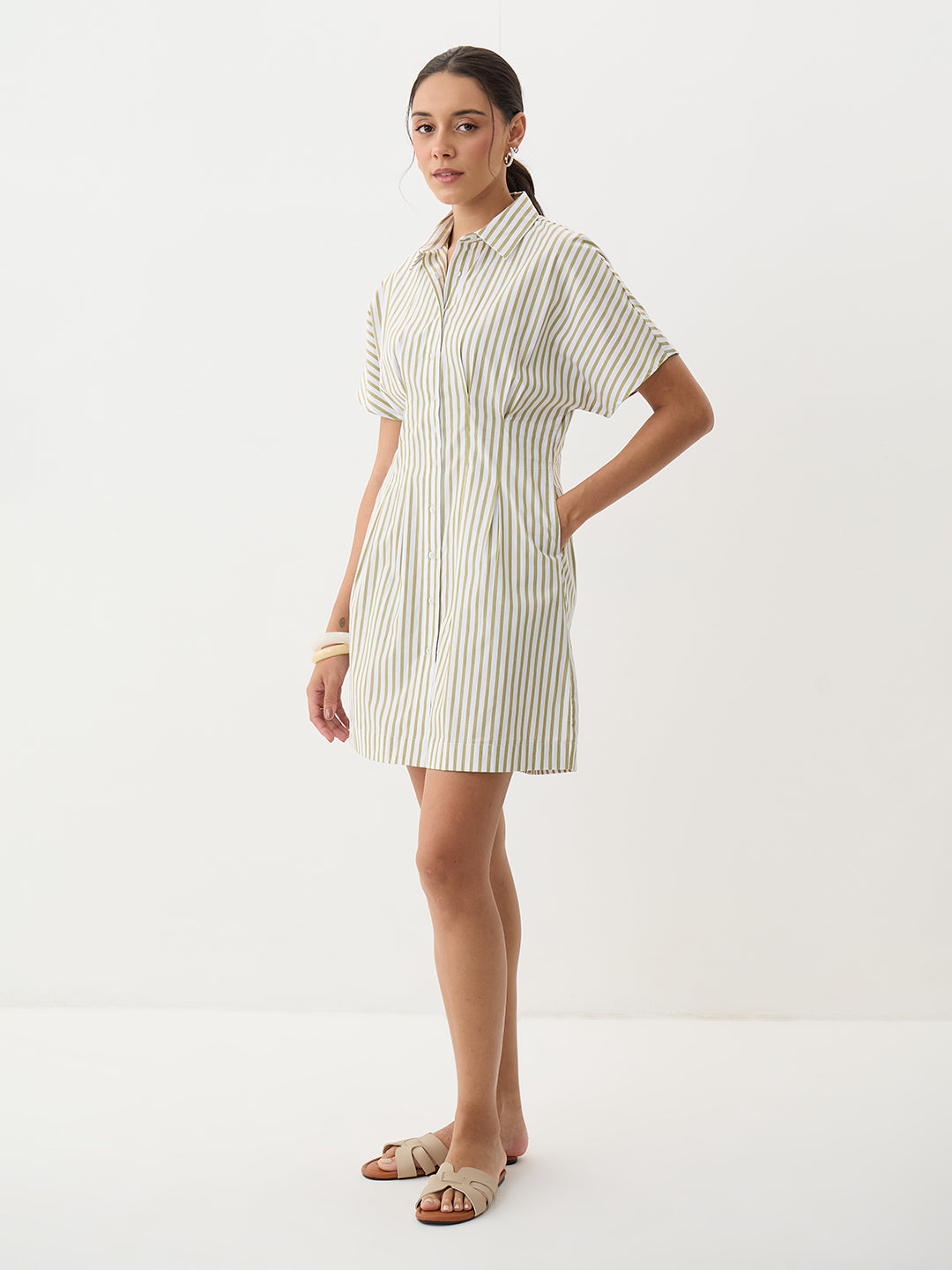 Olive Stripe Pleated Mini Dress