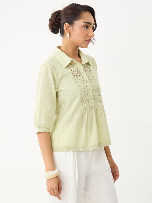 Sage Lace Insert Cotton Dobby Top