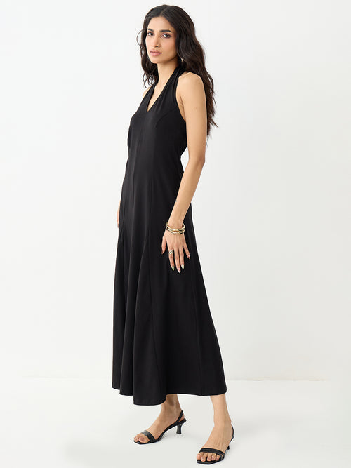 Black Knit Tie-Up Neck Maxi Dress
