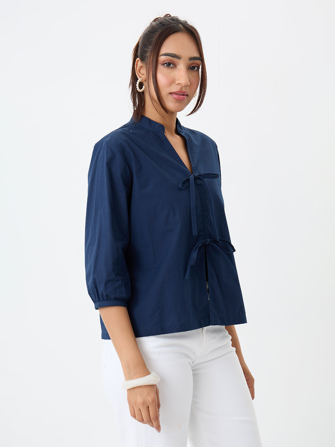PaperLite Poplin Navy Tie-Up Top