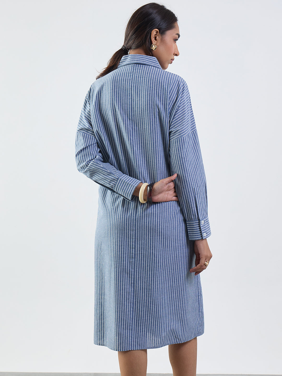 Slate Blue Stripe Cotton Midi Dress