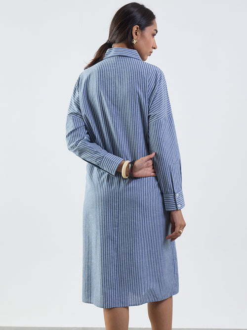 Slate Blue Stripe Cotton Midi Dress