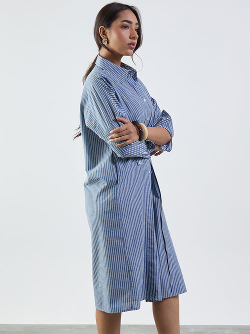 Slate Blue Stripe Cotton Midi Dress