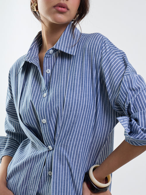 Slate Blue Stripe Cotton Midi Dress