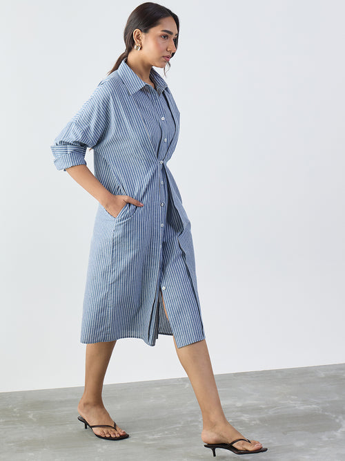 Slate Blue Stripe Cotton Midi Dress
