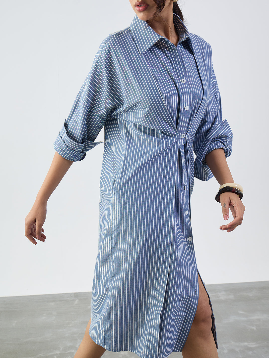 Slate Blue Stripe Cotton Midi Dress