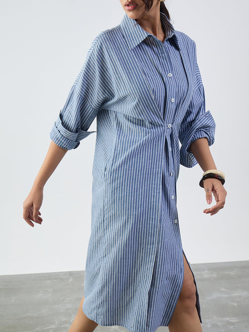 Slate Blue Stripe Cotton Midi Dress