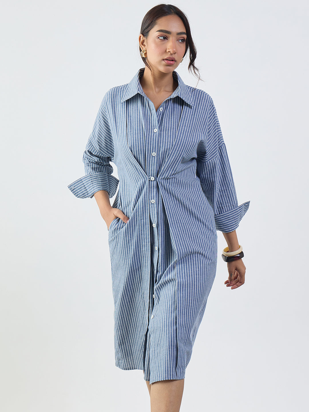 Slate Blue Stripe Cotton Midi Dress