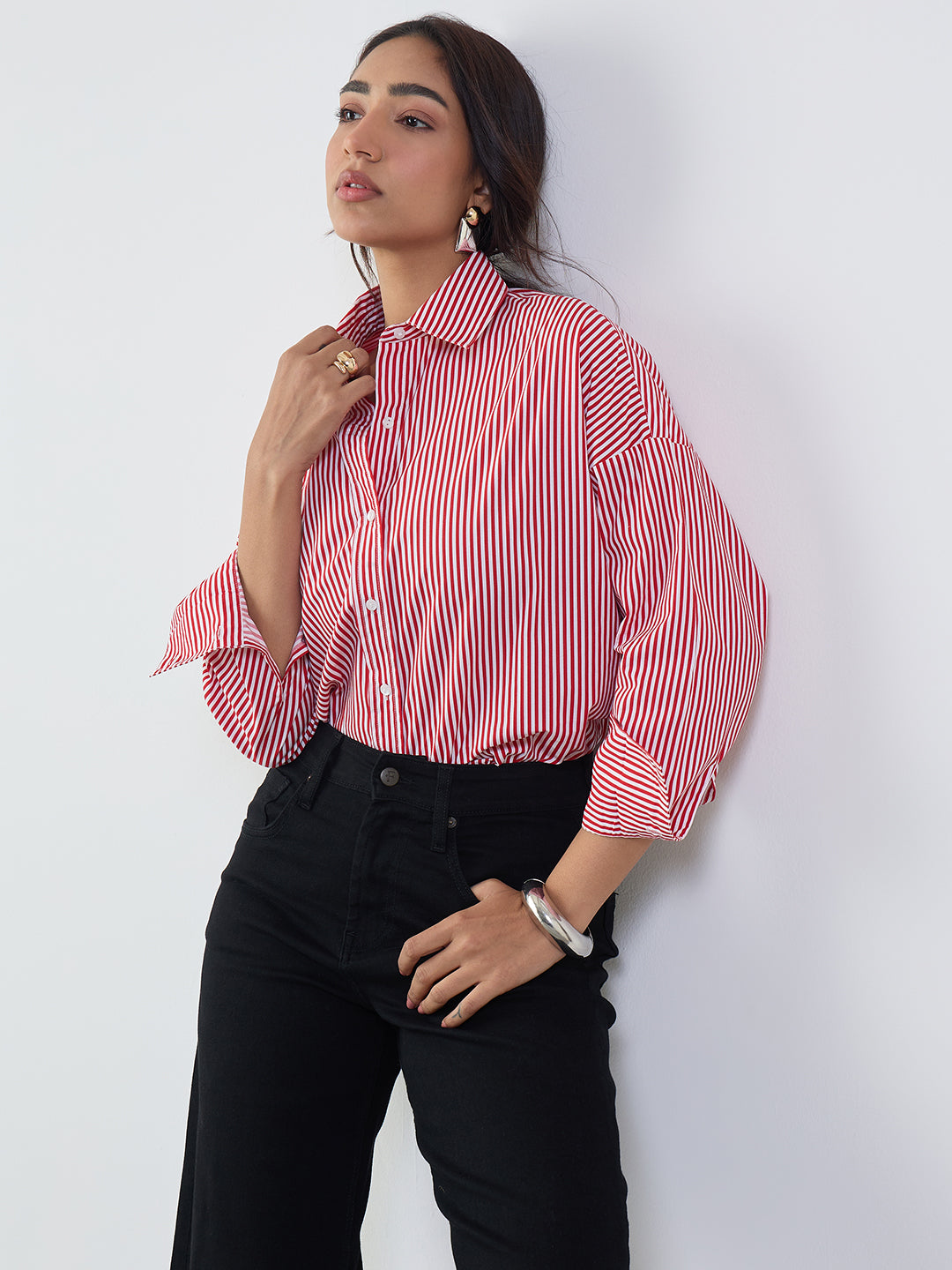 Red Stripe Cotton Oversized Shirt