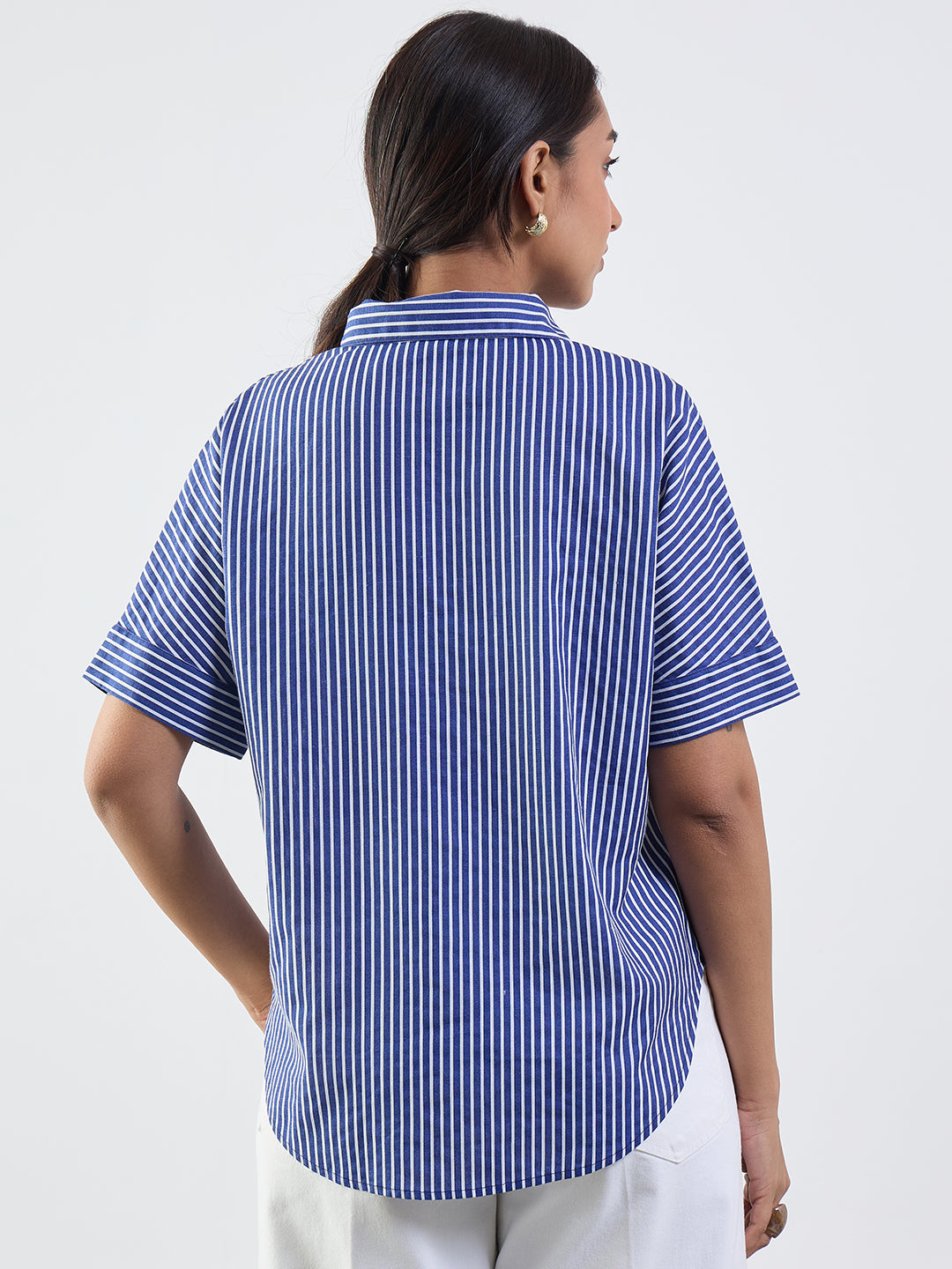 Navy Stripe Cotton Linen Kimono Sleeve Shirt