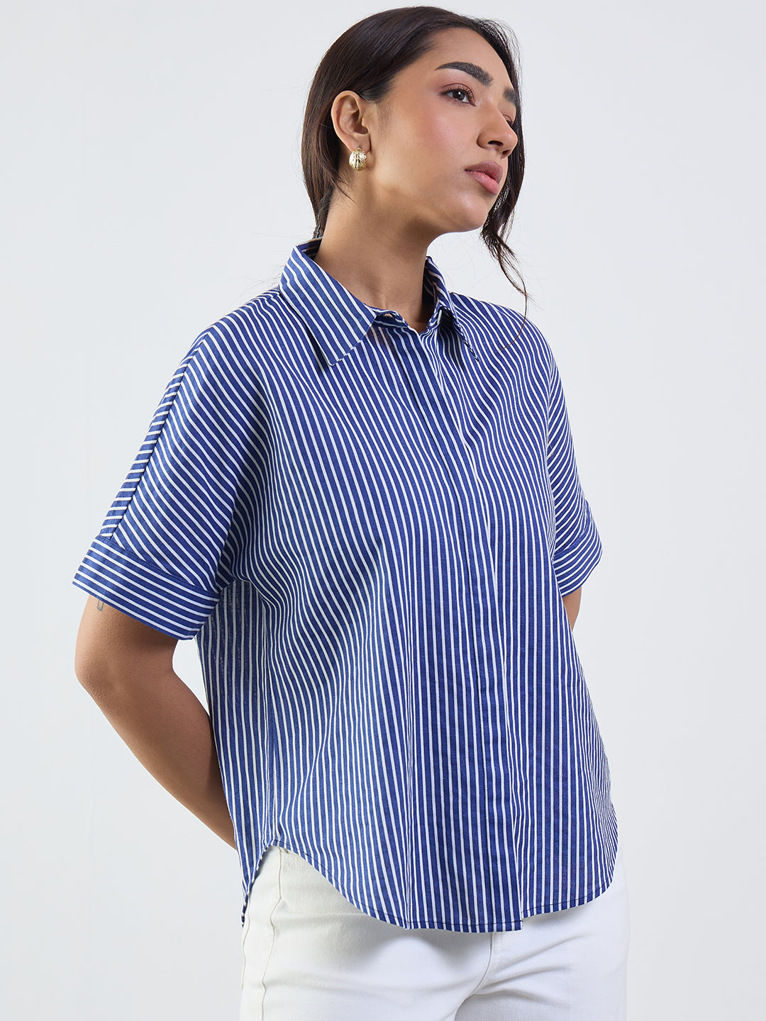 Navy Stripe Cotton Linen Kimono Sleeve Shirt