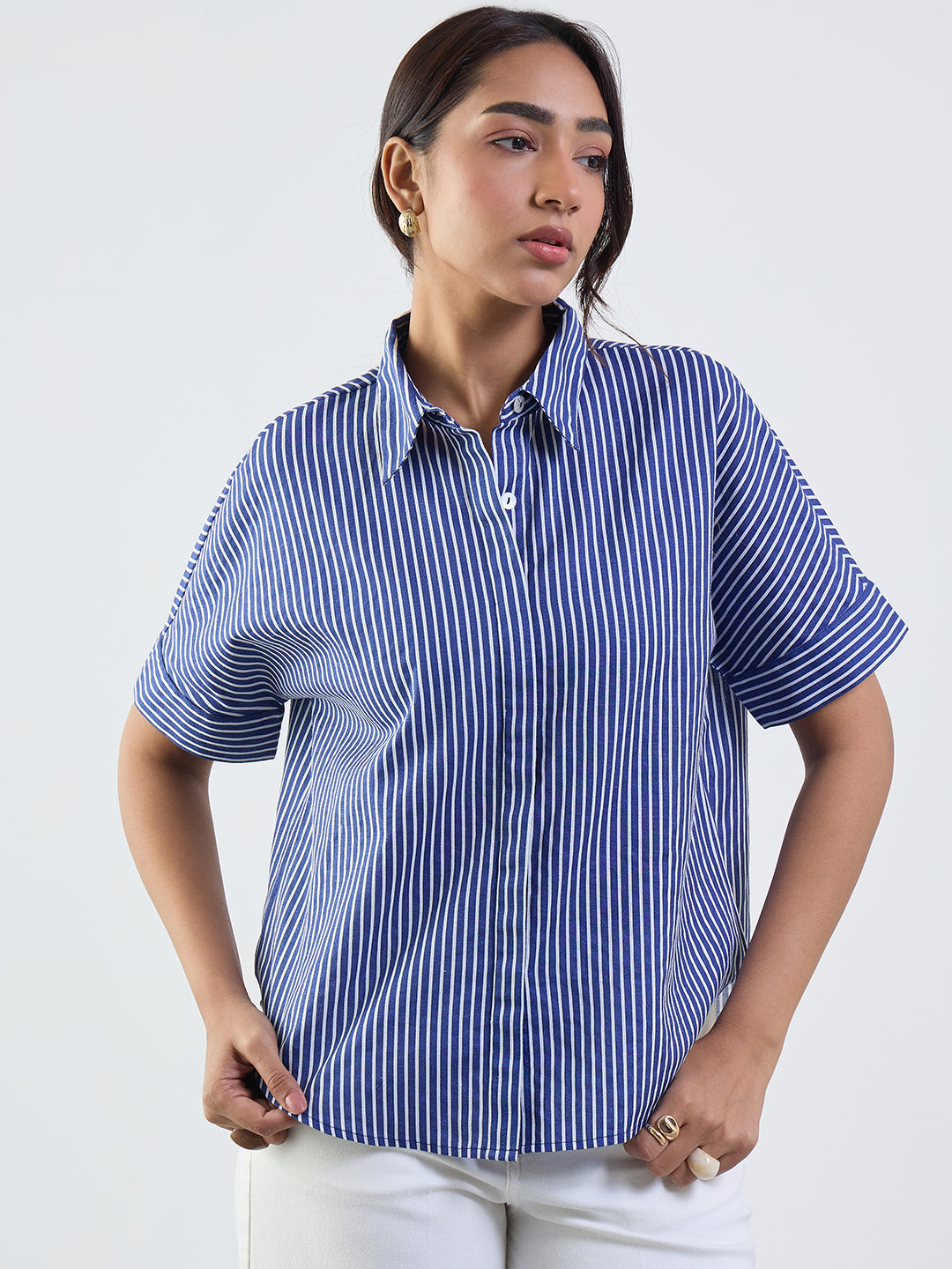 Navy Stripe Cotton Linen Kimono Sleeve Shirt