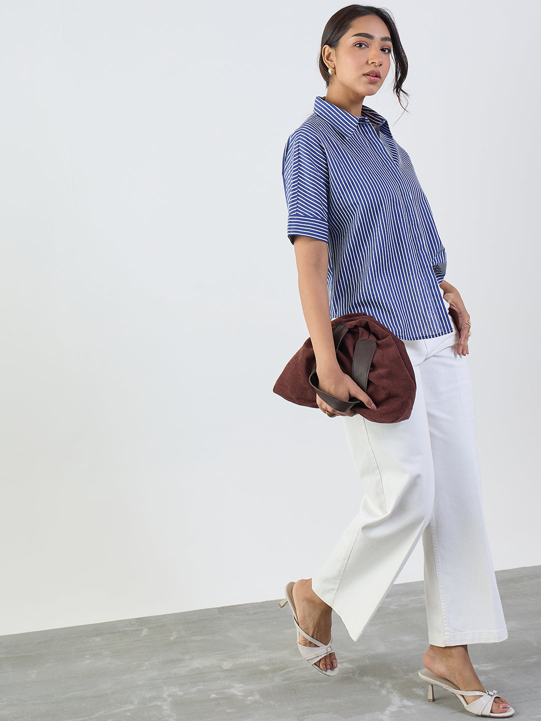 Navy Stripe Cotton Linen Kimono Sleeve Shirt