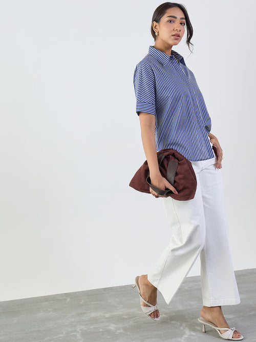 Navy Stripe Cotton Linen Kimono Sleeve Shirt