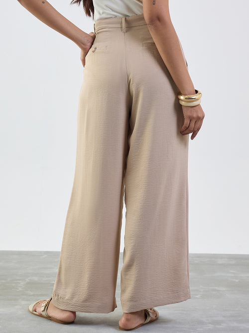 Beige Darted Wide Leg Trousers