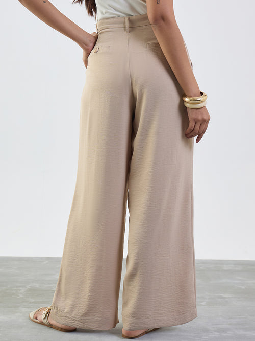 Beige Darted Wide Leg Trousers