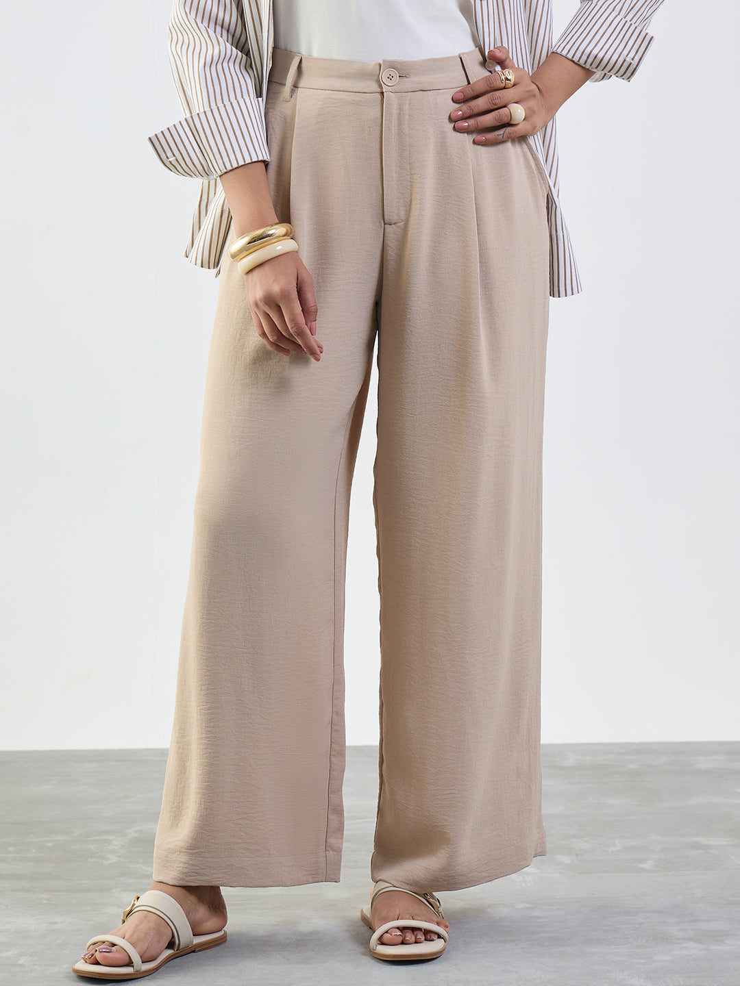 Beige Darted Wide Leg Trousers