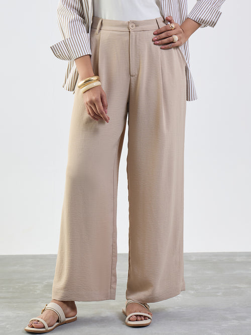 Beige Darted Wide Leg Trousers